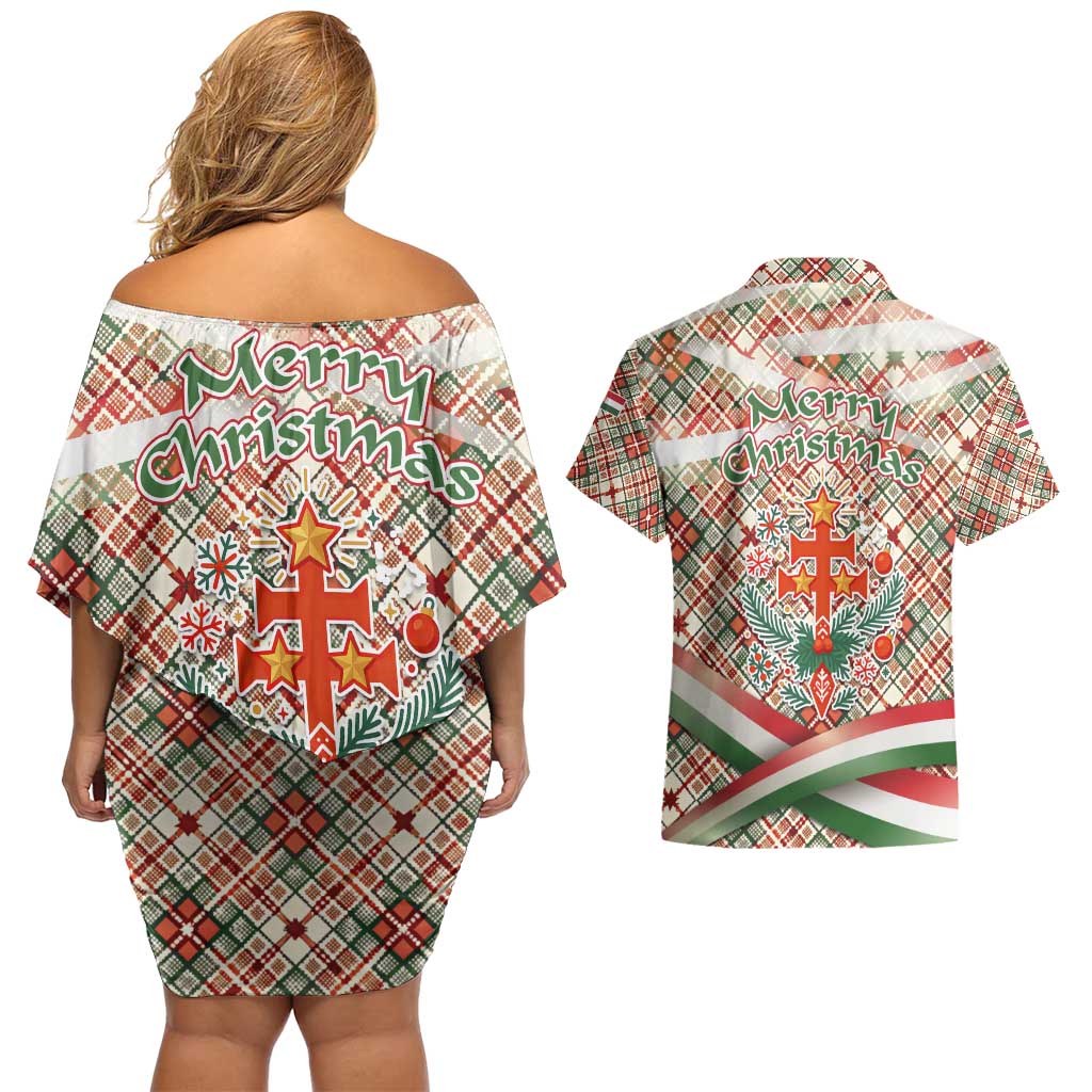 Hungary Christmas Couples Matching Off Shoulder Short Dress and Hawaiian Shirt with Red Green Plaid Pattern Crown and Double Cross Motif - Wonder Print Shop