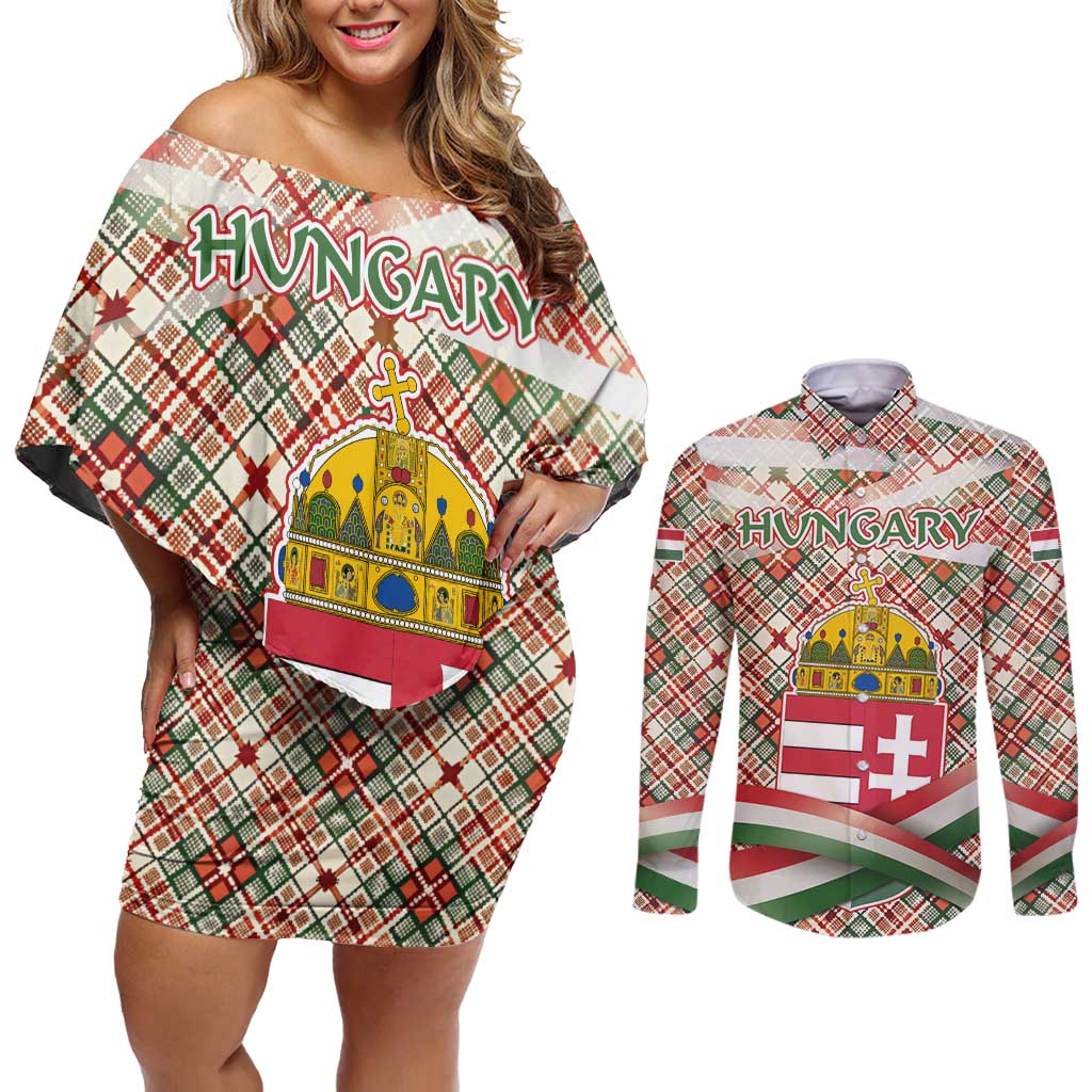 Hungary Christmas Couples Matching Off Shoulder Short Dress and Long Sleeve Button Shirt with Red Green Plaid Pattern Crown and Double Cross Motif - Wonder Print Shop