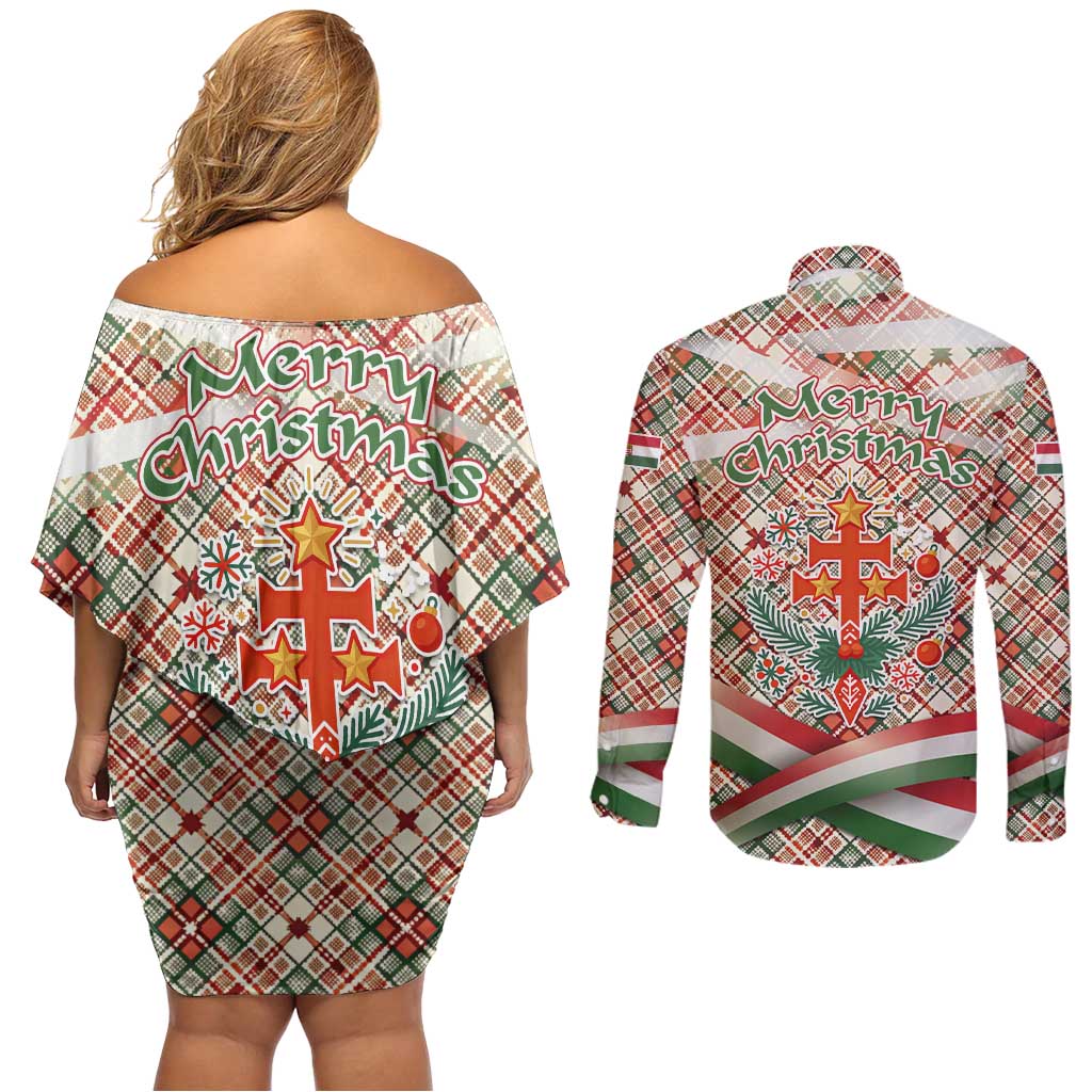 Hungary Christmas Couples Matching Off Shoulder Short Dress and Long Sleeve Button Shirt with Red Green Plaid Pattern Crown and Double Cross Motif - Wonder Print Shop