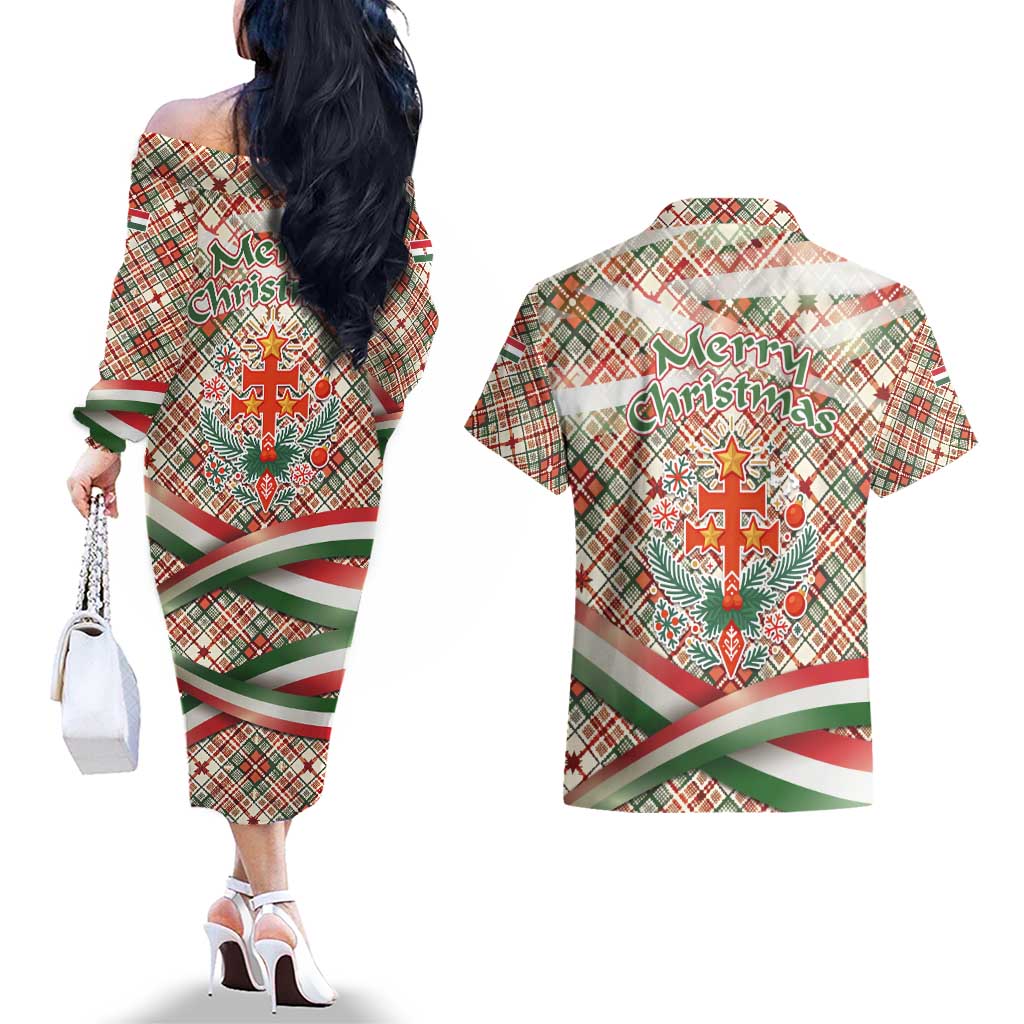 Hungary Christmas Couples Matching Off The Shoulder Long Sleeve Dress and Hawaiian Shirt with Red Green Plaid Pattern Crown and Double Cross Motif - Wonder Print Shop