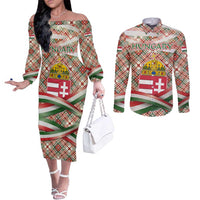 Hungary Christmas Couples Matching Off The Shoulder Long Sleeve Dress and Long Sleeve Button Shirt with Red Green Plaid Pattern Crown and Double Cross Motif - Wonder Print Shop
