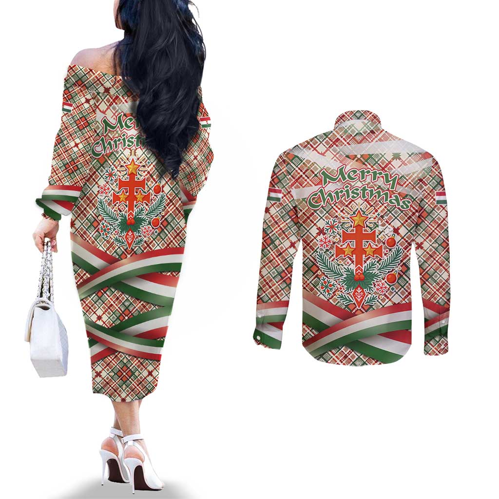 Hungary Christmas Couples Matching Off The Shoulder Long Sleeve Dress and Long Sleeve Button Shirt with Red Green Plaid Pattern Crown and Double Cross Motif - Wonder Print Shop