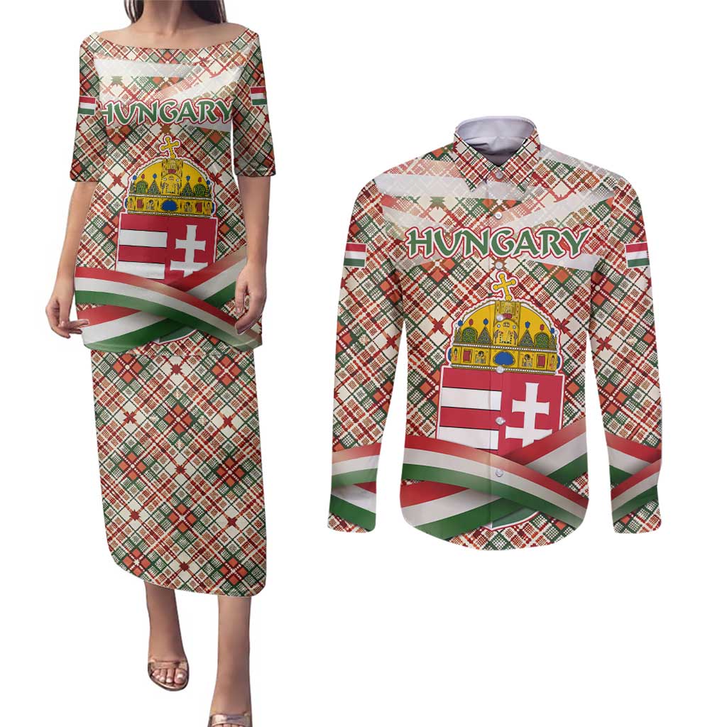 Hungary Christmas Couples Matching Puletasi and Long Sleeve Button Shirt with Red Green Plaid Pattern Crown and Double Cross Motif - Wonder Print Shop