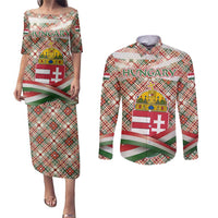 Hungary Christmas Couples Matching Puletasi and Long Sleeve Button Shirt with Red Green Plaid Pattern Crown and Double Cross Motif - Wonder Print Shop