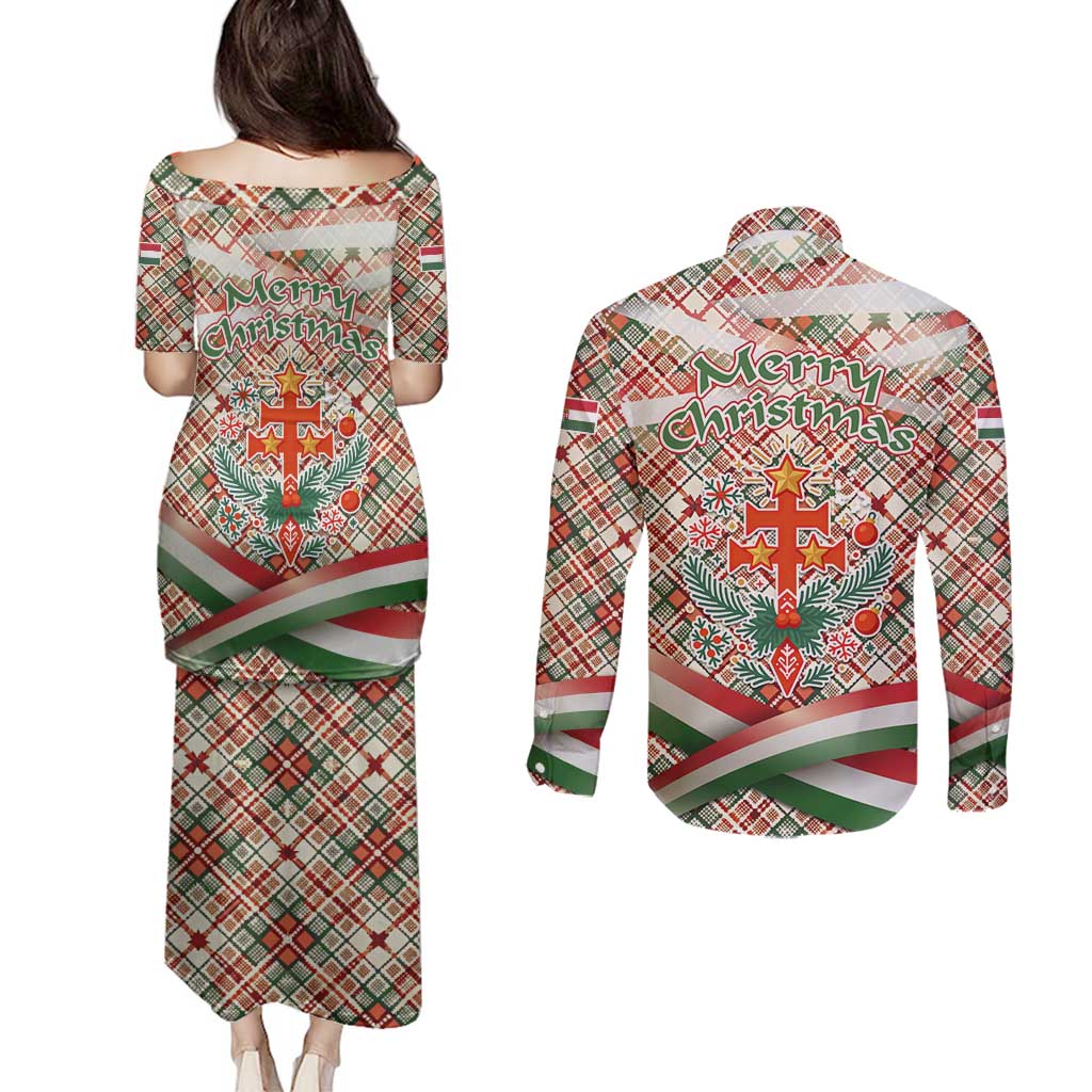 Hungary Christmas Couples Matching Puletasi and Long Sleeve Button Shirt with Red Green Plaid Pattern Crown and Double Cross Motif - Wonder Print Shop
