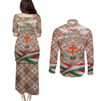Hungary Christmas Couples Matching Puletasi and Long Sleeve Button Shirt with Red Green Plaid Pattern Crown and Double Cross Motif - Wonder Print Shop