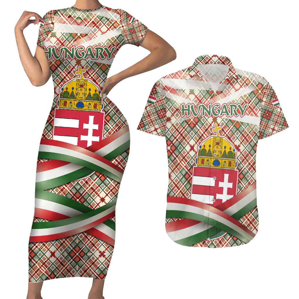 Hungary Christmas Couples Matching Short Sleeve Bodycon Dress and Hawaiian Shirt with Red Green Plaid Pattern Crown and Double Cross Motif - Wonder Print Shop