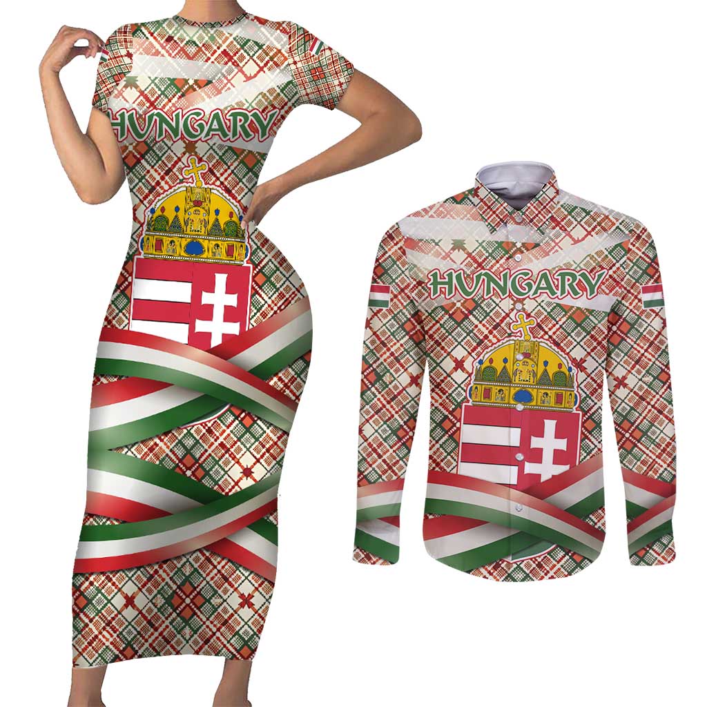 Hungary Christmas Couples Matching Short Sleeve Bodycon Dress and Long Sleeve Button Shirt with Red Green Plaid Pattern Crown and Double Cross Motif - Wonder Print Shop