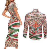 Hungary Christmas Couples Matching Short Sleeve Bodycon Dress and Long Sleeve Button Shirt with Red Green Plaid Pattern Crown and Double Cross Motif - Wonder Print Shop