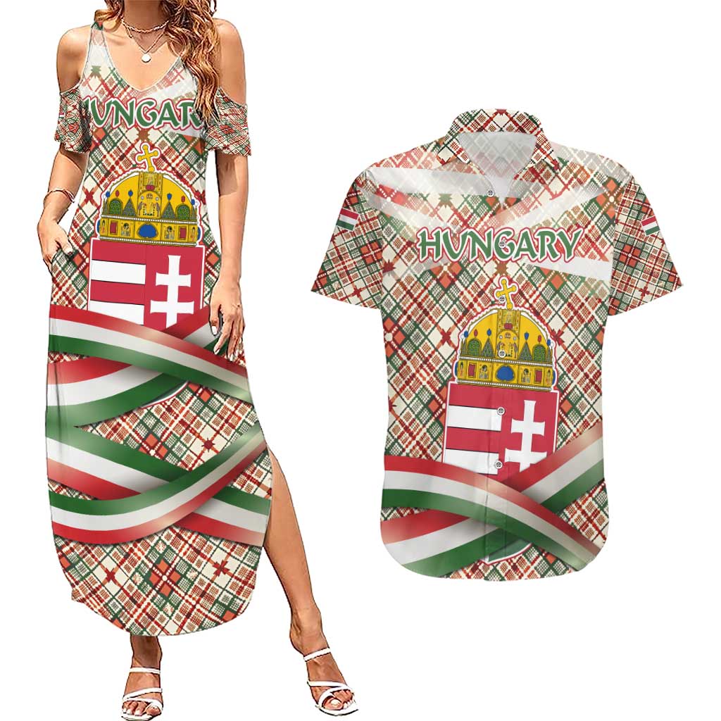 Hungary Christmas Couples Matching Summer Maxi Dress and Hawaiian Shirt with Red Green Plaid Pattern Crown and Double Cross Motif - Wonder Print Shop
