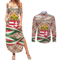 Hungary Christmas Couples Matching Summer Maxi Dress and Long Sleeve Button Shirt with Red Green Plaid Pattern Crown and Double Cross Motif - Wonder Print Shop