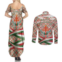 Hungary Christmas Couples Matching Summer Maxi Dress and Long Sleeve Button Shirt with Red Green Plaid Pattern Crown and Double Cross Motif - Wonder Print Shop