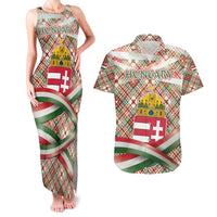 Hungary Christmas Couples Matching Tank Maxi Dress and Hawaiian Shirt with Red Green Plaid Pattern Crown and Double Cross Motif - Wonder Print Shop