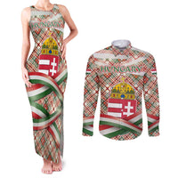 Hungary Christmas Couples Matching Tank Maxi Dress and Long Sleeve Button Shirt with Red Green Plaid Pattern Crown and Double Cross Motif - Wonder Print Shop