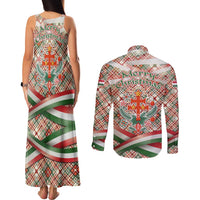 Hungary Christmas Couples Matching Tank Maxi Dress and Long Sleeve Button Shirt with Red Green Plaid Pattern Crown and Double Cross Motif - Wonder Print Shop