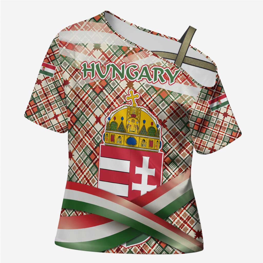 Hungary Christmas Cross Shoulder Shirt with Red Green Plaid Pattern Crown and Double Cross Motif - Wonder Print Shop