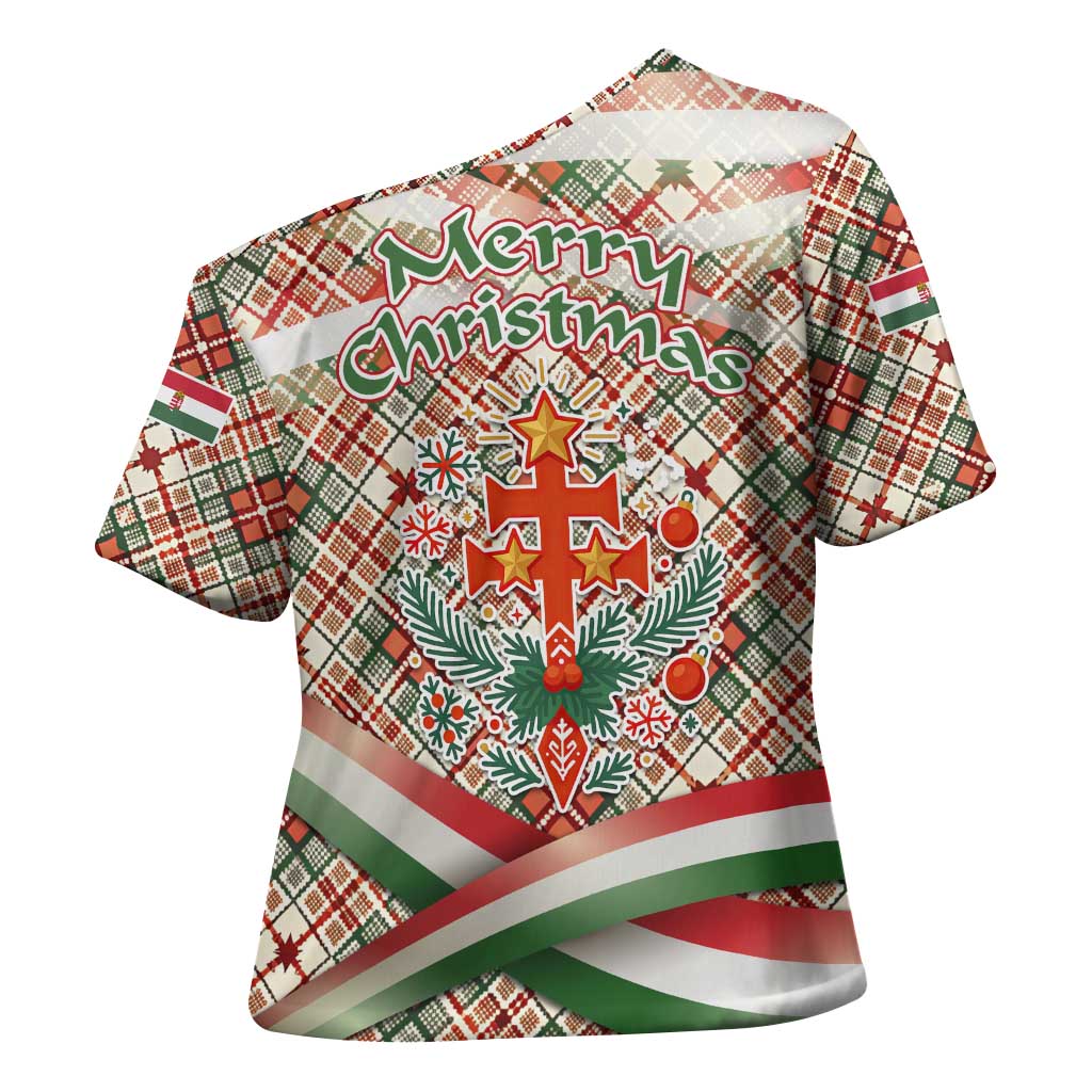 Hungary Christmas Cross Shoulder Shirt with Red Green Plaid Pattern Crown and Double Cross Motif - Wonder Print Shop