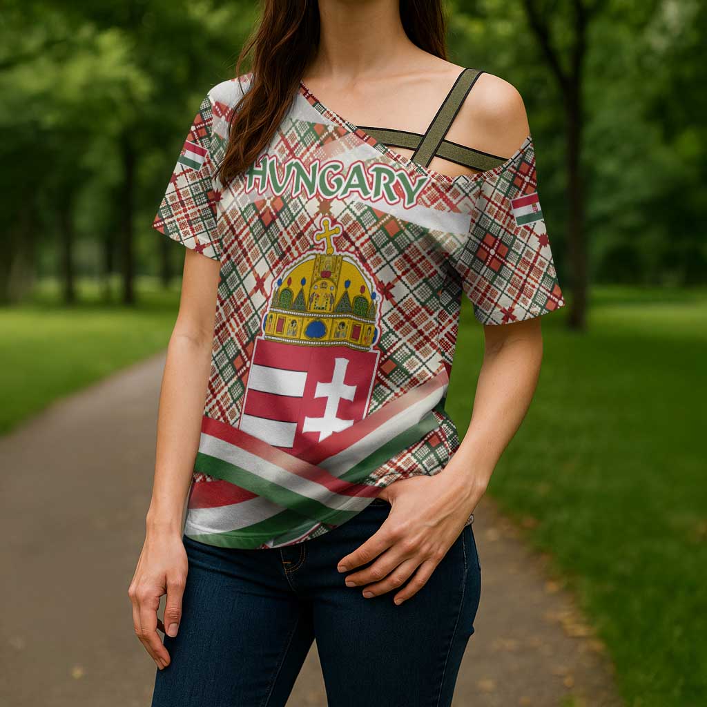 Hungary Christmas Cross Shoulder Shirt with Red Green Plaid Pattern Crown and Double Cross Motif - Wonder Print Shop