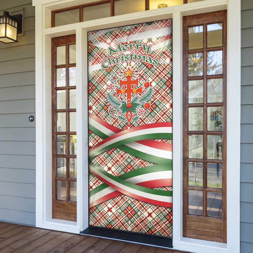 Hungary Christmas Door Cover with Red Green Plaid Pattern Crown and Double Cross Motif - Wonder Print Shop