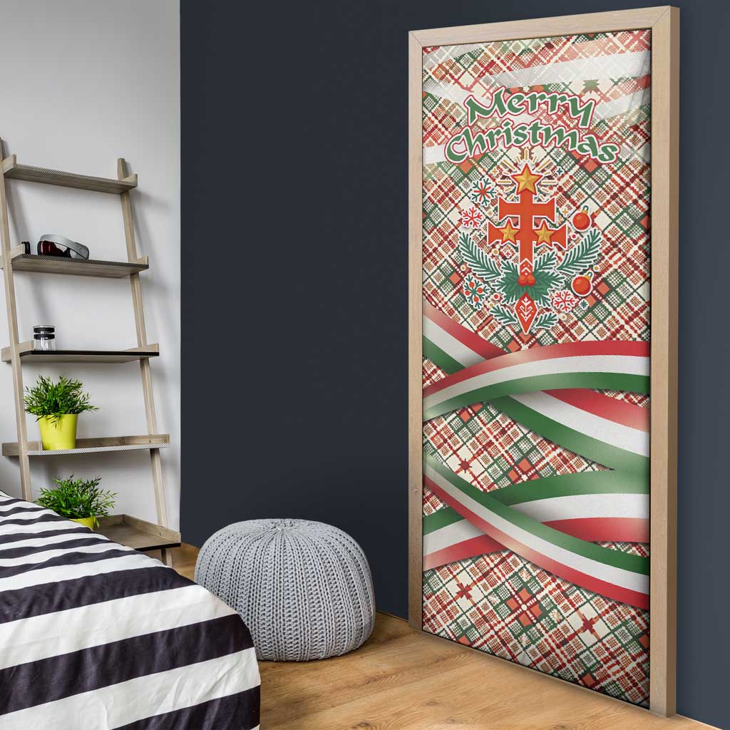 Hungary Christmas Door Cover with Red Green Plaid Pattern Crown and Double Cross Motif - Wonder Print Shop