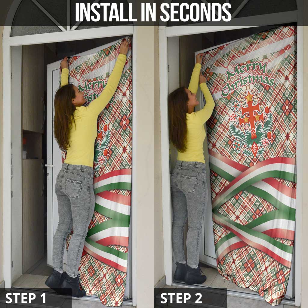 Hungary Christmas Door Cover with Red Green Plaid Pattern Crown and Double Cross Motif - Wonder Print Shop