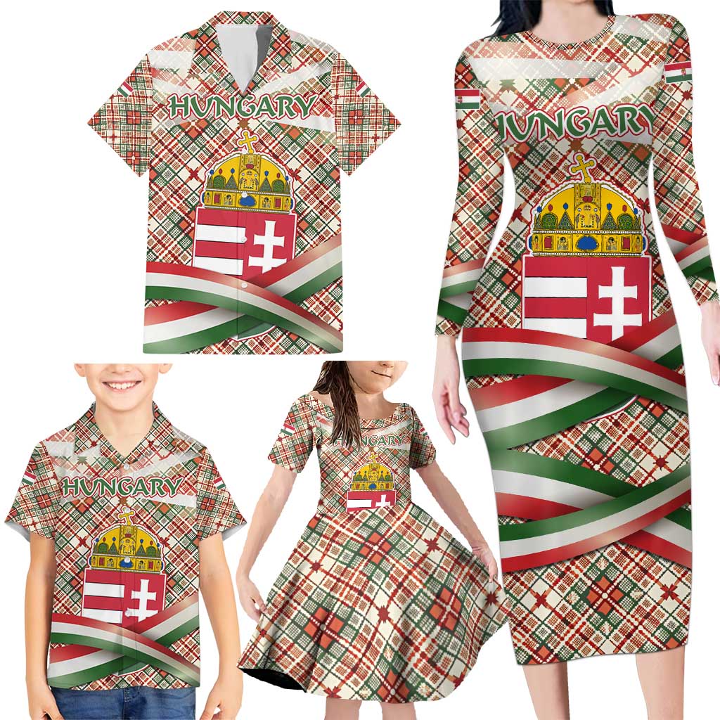 Hungary Christmas Family Matching Long Sleeve Bodycon Dress and Hawaiian Shirt with Red Green Plaid Pattern Crown and Double Cross Motif - Wonder Print Shop