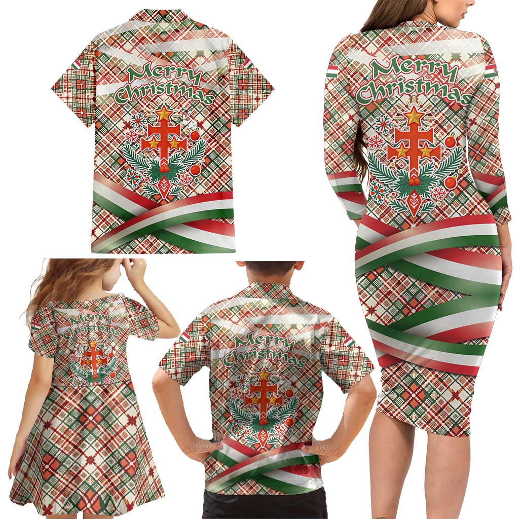 Hungary Christmas Family Matching Long Sleeve Bodycon Dress and Hawaiian Shirt with Red Green Plaid Pattern Crown and Double Cross Motif - Wonder Print Shop