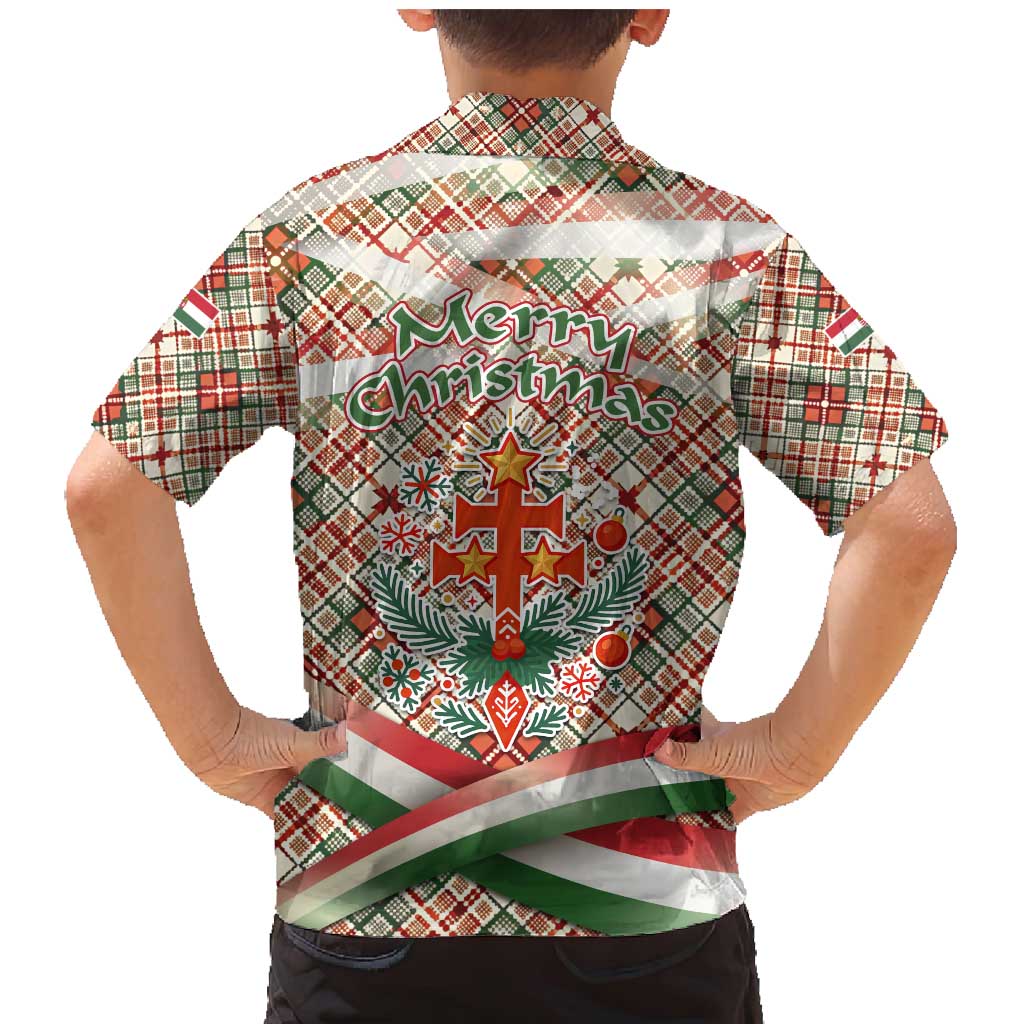 Hungary Christmas Family Matching Mermaid Dress and Hawaiian Shirt with Red Green Plaid Pattern Crown and Double Cross Motif - Wonder Print Shop
