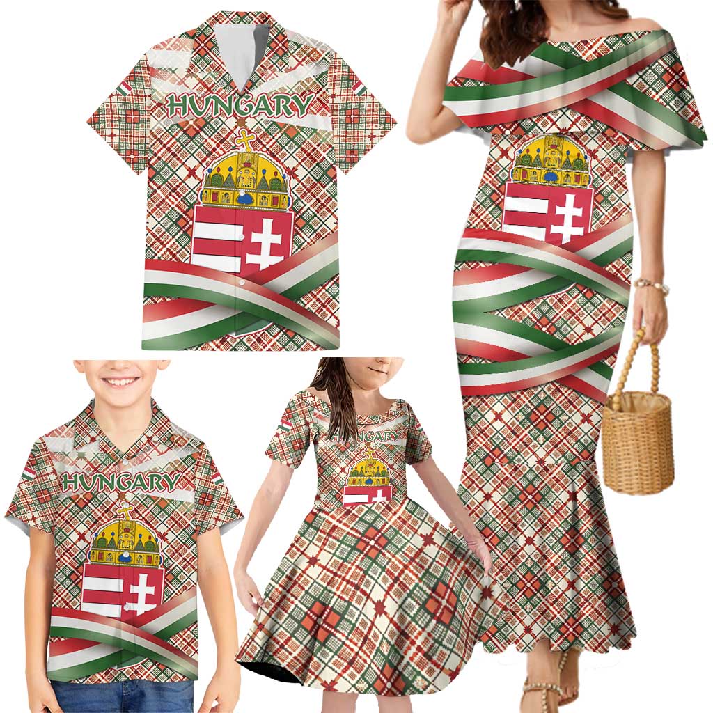 Hungary Christmas Family Matching Mermaid Dress and Hawaiian Shirt with Red Green Plaid Pattern Crown and Double Cross Motif - Wonder Print Shop