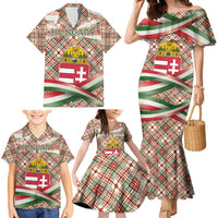 Hungary Christmas Family Matching Mermaid Dress and Hawaiian Shirt with Red Green Plaid Pattern Crown and Double Cross Motif - Wonder Print Shop