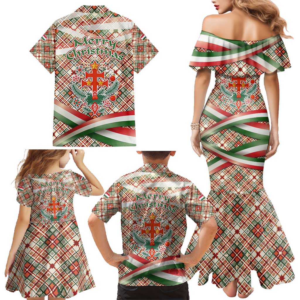 Hungary Christmas Family Matching Mermaid Dress and Hawaiian Shirt with Red Green Plaid Pattern Crown and Double Cross Motif - Wonder Print Shop