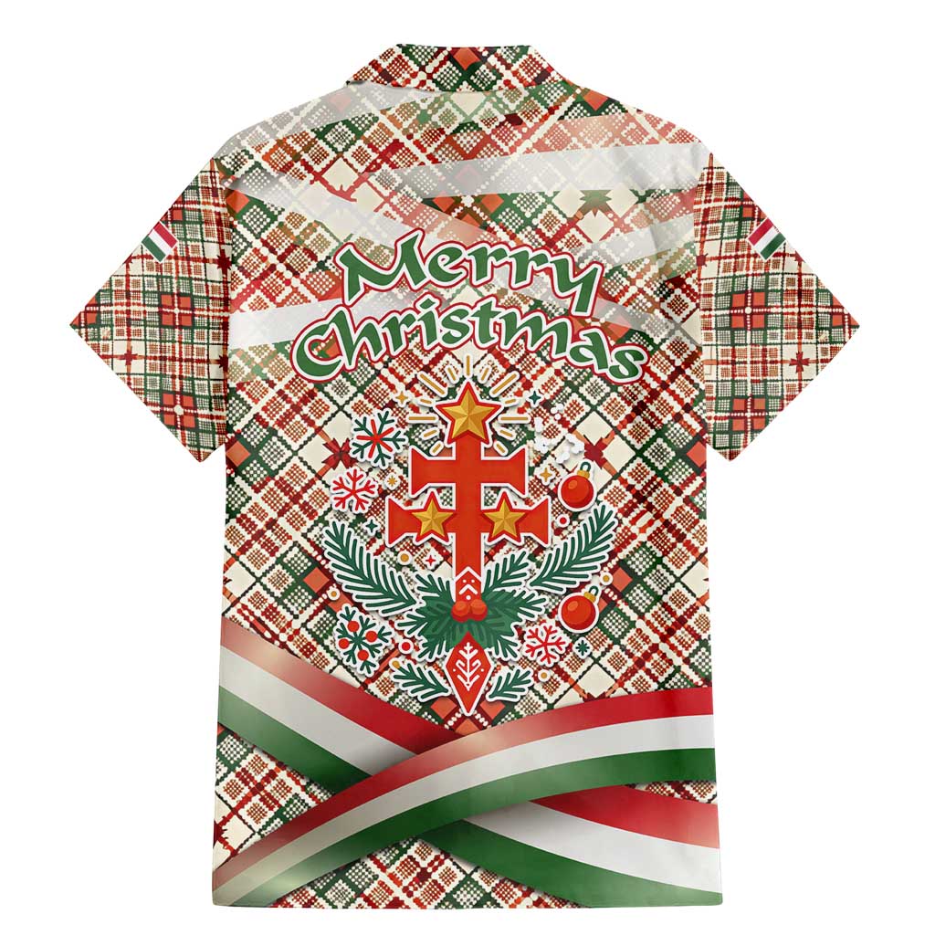Hungary Christmas Family Matching Mermaid Dress and Hawaiian Shirt with Red Green Plaid Pattern Crown and Double Cross Motif - Wonder Print Shop