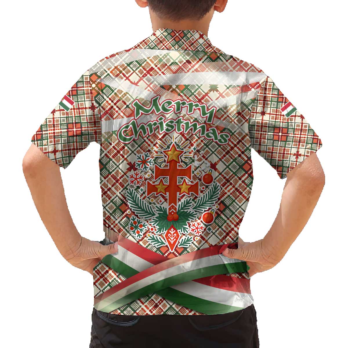 Hungary Christmas Family Matching Off The Shoulder Long Sleeve Dress and Hawaiian Shirt with Red Green Plaid Pattern Crown and Double Cross Motif - Wonder Print Shop