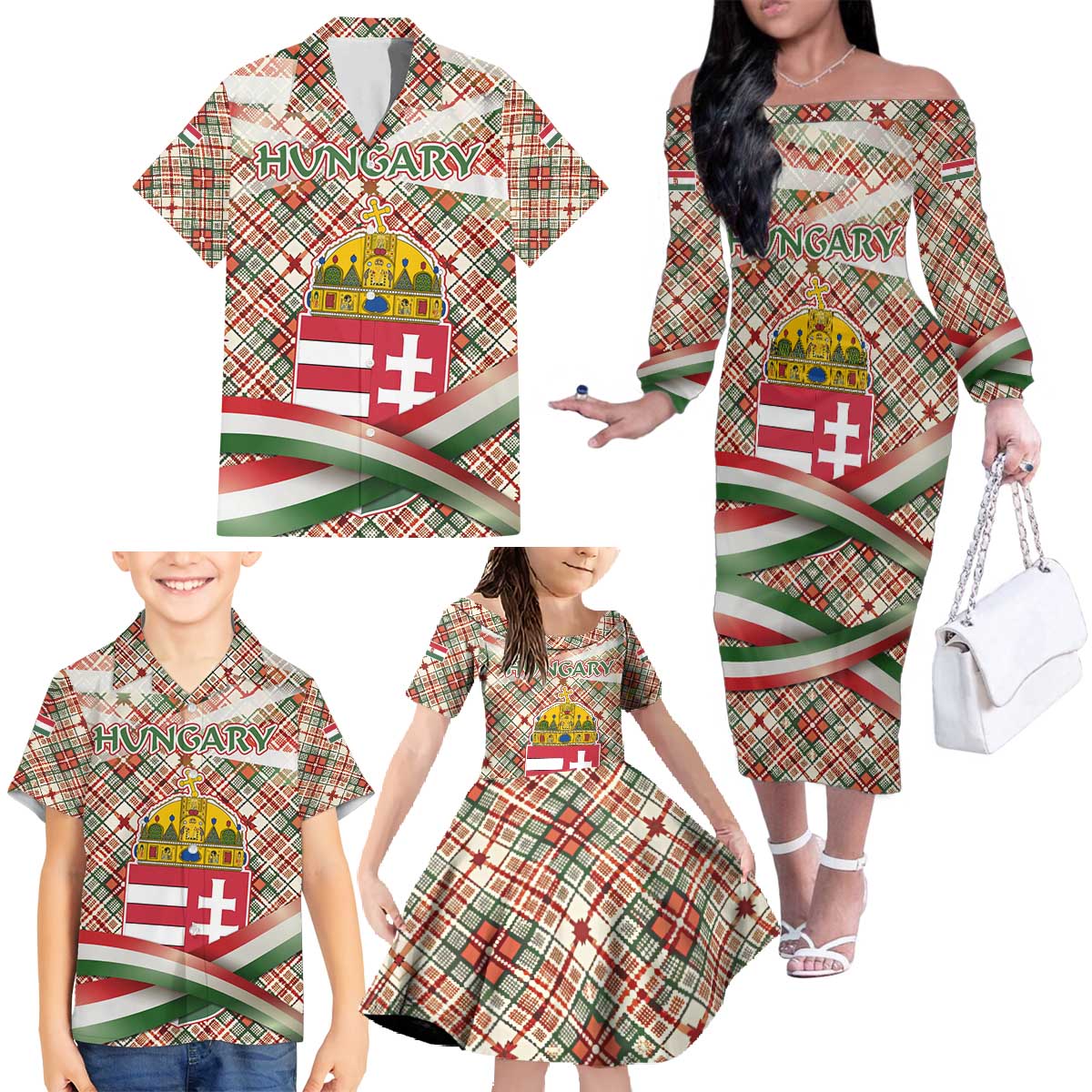 Hungary Christmas Family Matching Off The Shoulder Long Sleeve Dress and Hawaiian Shirt with Red Green Plaid Pattern Crown and Double Cross Motif - Wonder Print Shop