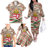 Hungary Christmas Family Matching Off The Shoulder Long Sleeve Dress and Hawaiian Shirt with Red Green Plaid Pattern Crown and Double Cross Motif - Wonder Print Shop