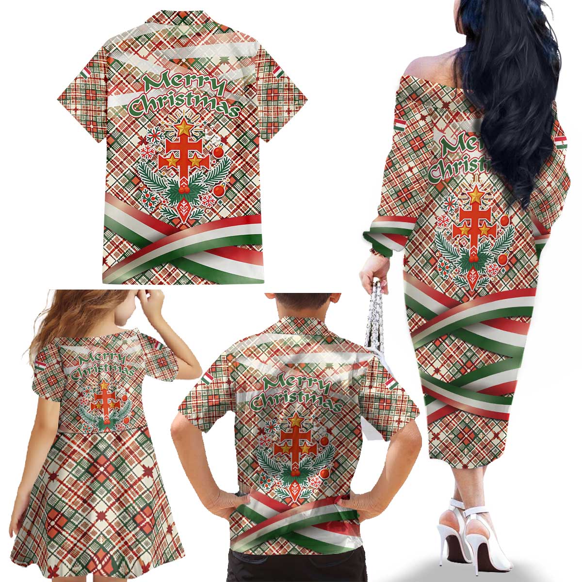 Hungary Christmas Family Matching Off The Shoulder Long Sleeve Dress and Hawaiian Shirt with Red Green Plaid Pattern Crown and Double Cross Motif - Wonder Print Shop