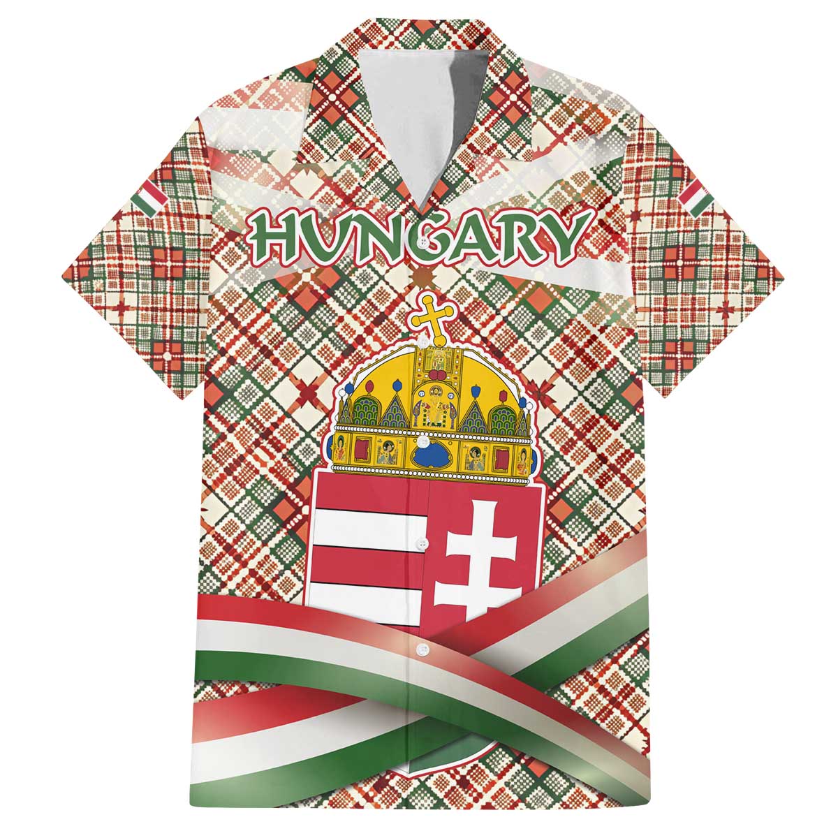 Hungary Christmas Family Matching Off The Shoulder Long Sleeve Dress and Hawaiian Shirt with Red Green Plaid Pattern Crown and Double Cross Motif - Wonder Print Shop