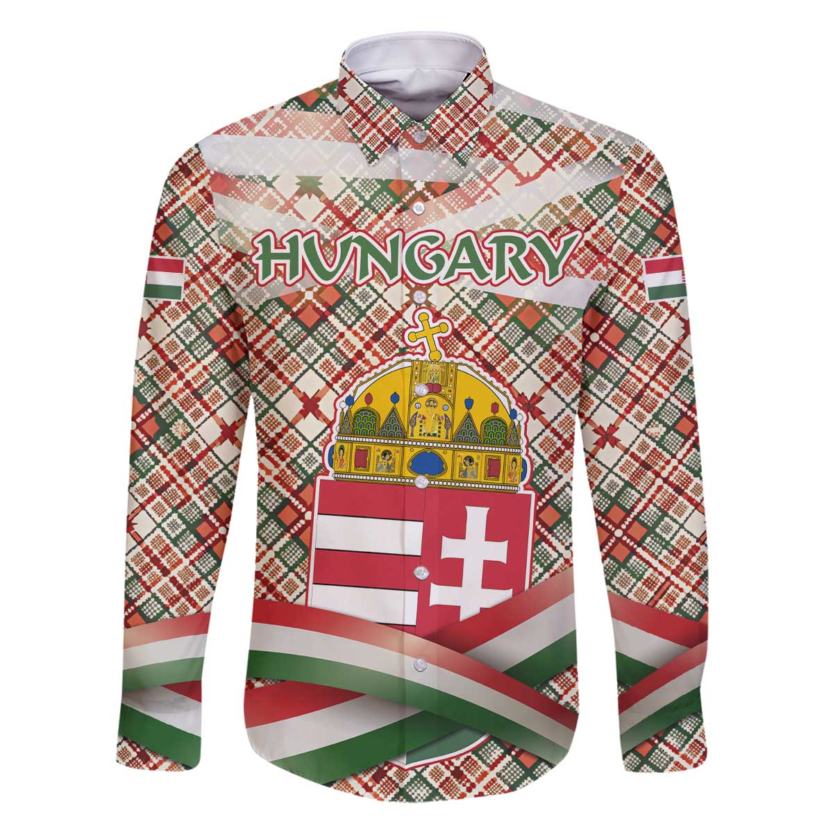 Hungary Christmas Family Matching Off The Shoulder Long Sleeve Dress and Hawaiian Shirt with Red Green Plaid Pattern Crown and Double Cross Motif - Wonder Print Shop