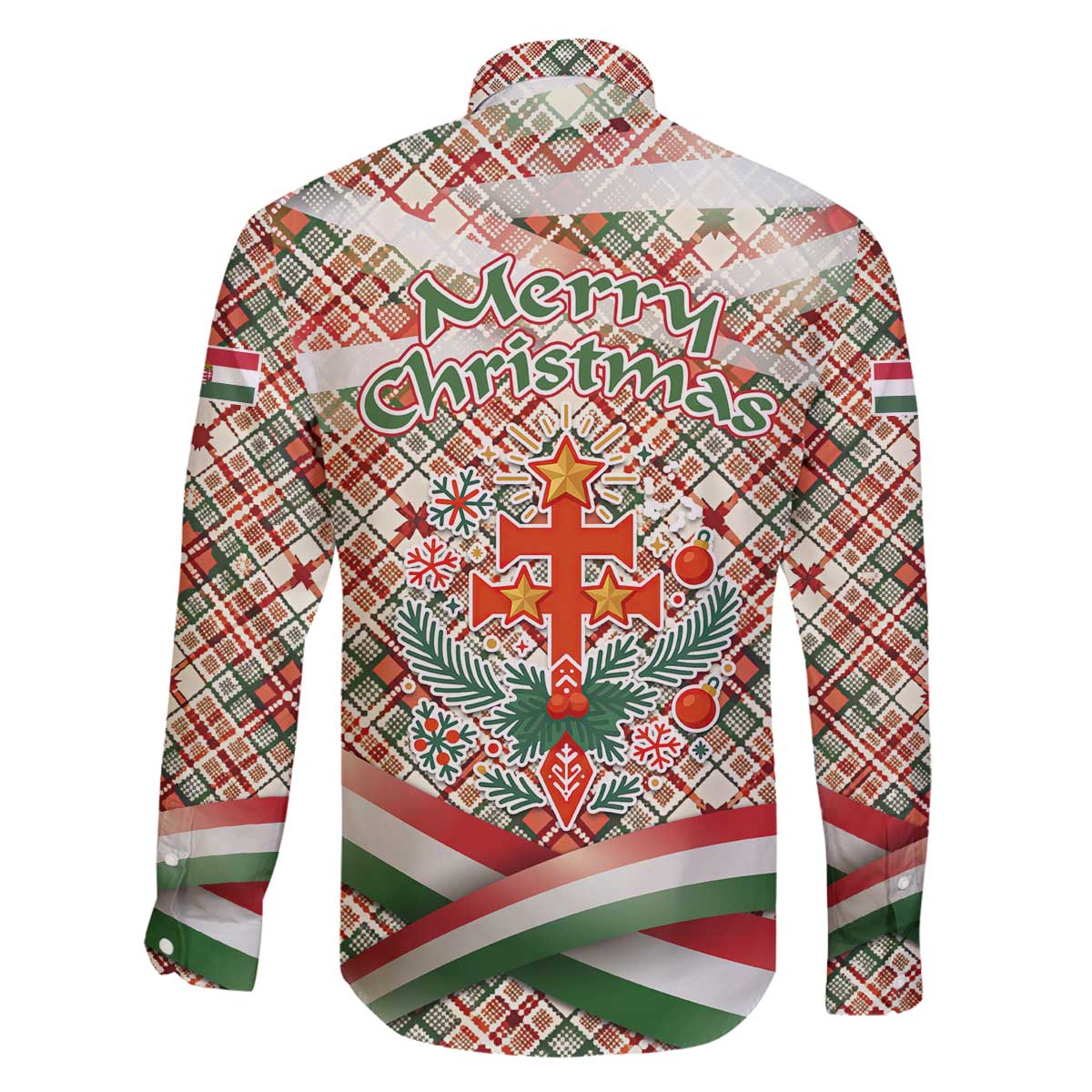 Hungary Christmas Family Matching Off The Shoulder Long Sleeve Dress and Hawaiian Shirt with Red Green Plaid Pattern Crown and Double Cross Motif - Wonder Print Shop