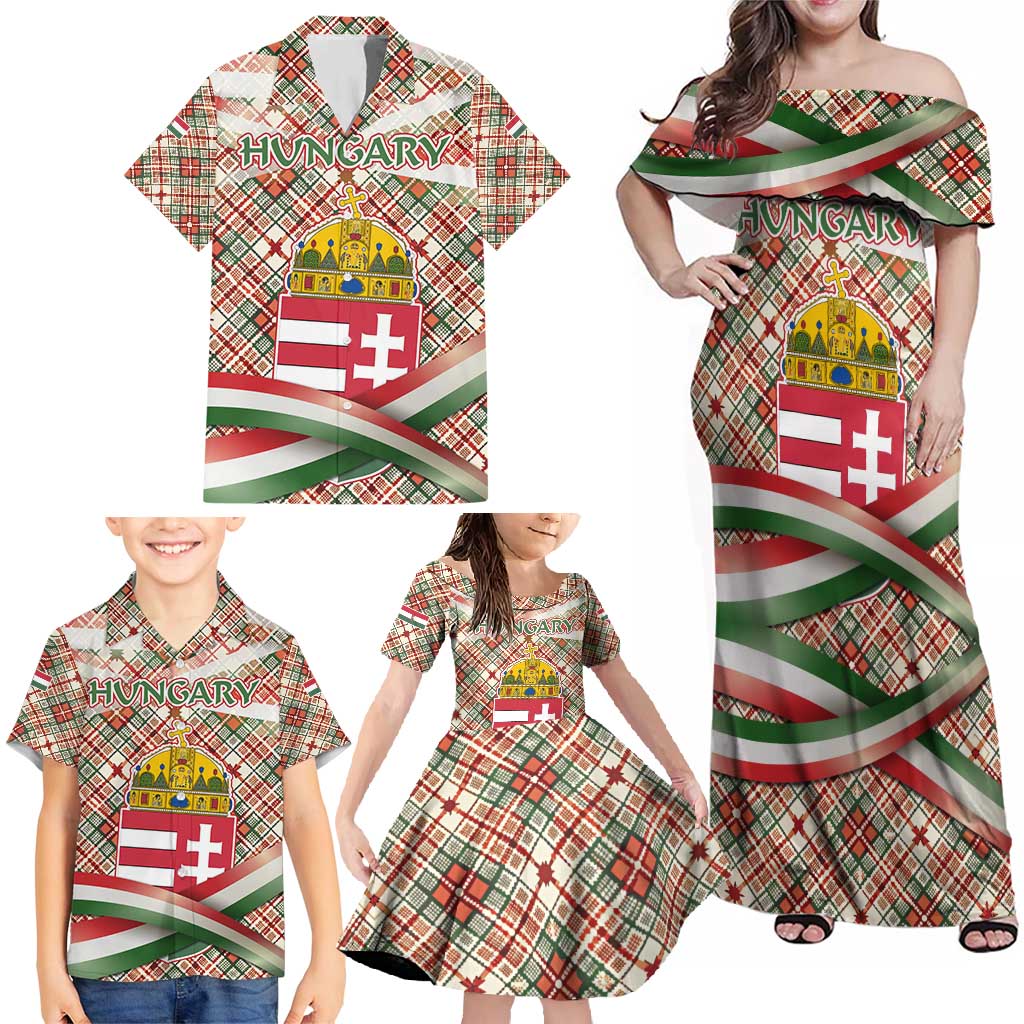 Hungary Christmas Family Matching Off Shoulder Maxi Dress and Hawaiian Shirt with Red Green Plaid Pattern Crown and Double Cross Motif - Wonder Print Shop