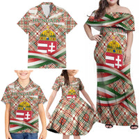 Hungary Christmas Family Matching Off Shoulder Maxi Dress and Hawaiian Shirt with Red Green Plaid Pattern Crown and Double Cross Motif - Wonder Print Shop