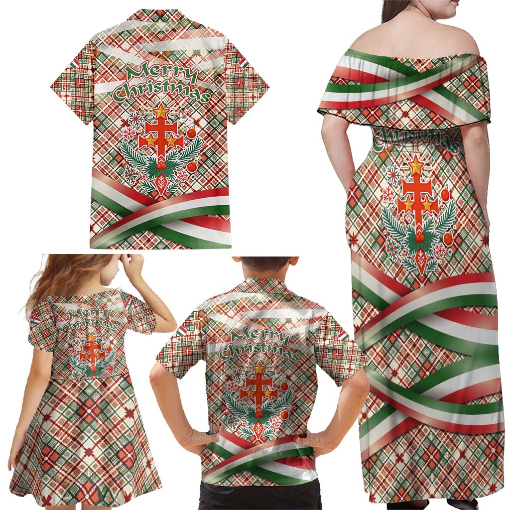 Hungary Christmas Family Matching Off Shoulder Maxi Dress and Hawaiian Shirt with Red Green Plaid Pattern Crown and Double Cross Motif - Wonder Print Shop