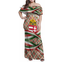 Hungary Christmas Family Matching Off Shoulder Maxi Dress and Hawaiian Shirt with Red Green Plaid Pattern Crown and Double Cross Motif - Wonder Print Shop