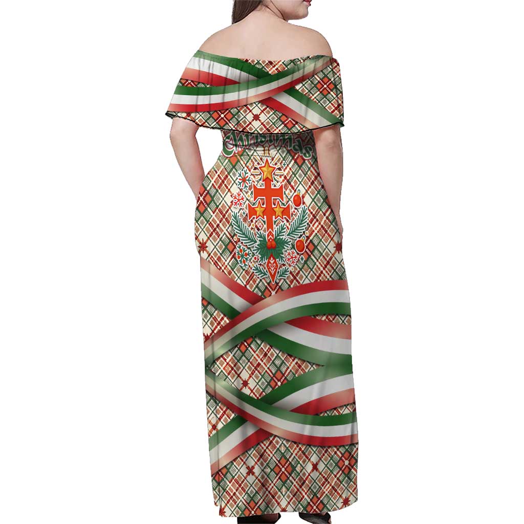 Hungary Christmas Family Matching Off Shoulder Maxi Dress and Hawaiian Shirt with Red Green Plaid Pattern Crown and Double Cross Motif - Wonder Print Shop