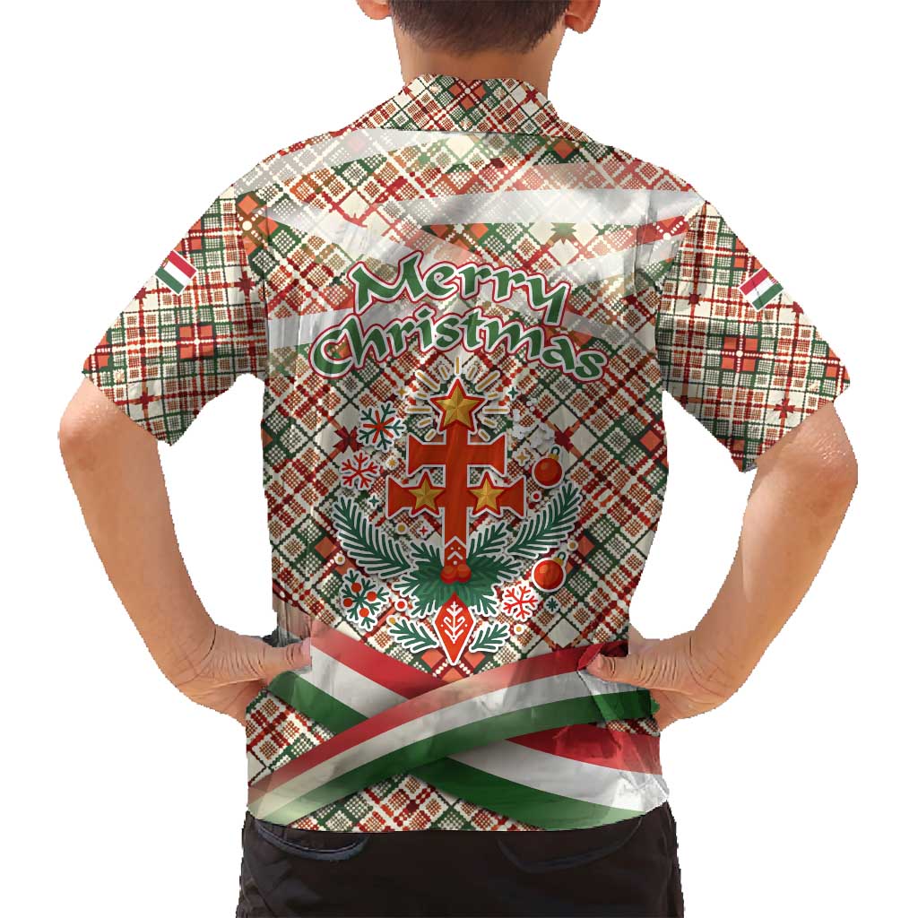 Hungary Christmas Family Matching Off Shoulder Short Dress and Hawaiian Shirt with Red Green Plaid Pattern Crown and Double Cross Motif - Wonder Print Shop