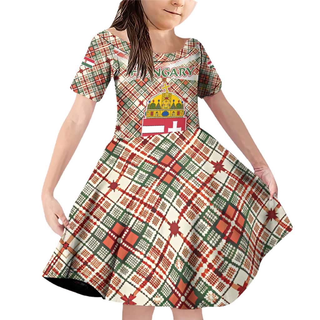 Hungary Christmas Family Matching Off Shoulder Short Dress and Hawaiian Shirt with Red Green Plaid Pattern Crown and Double Cross Motif - Wonder Print Shop
