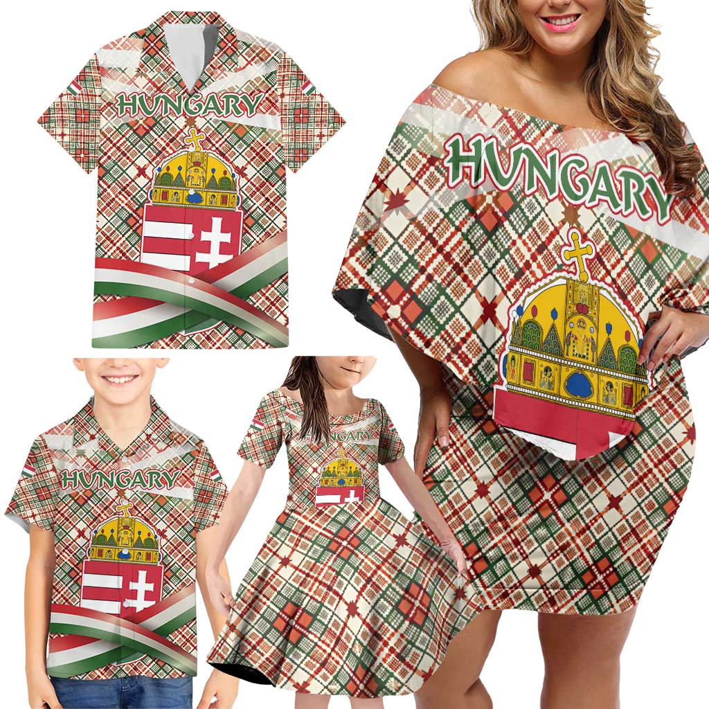 Hungary Christmas Family Matching Off Shoulder Short Dress and Hawaiian Shirt with Red Green Plaid Pattern Crown and Double Cross Motif - Wonder Print Shop