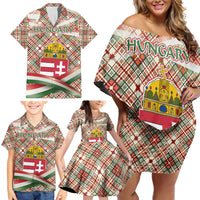 Hungary Christmas Family Matching Off Shoulder Short Dress and Hawaiian Shirt with Red Green Plaid Pattern Crown and Double Cross Motif - Wonder Print Shop