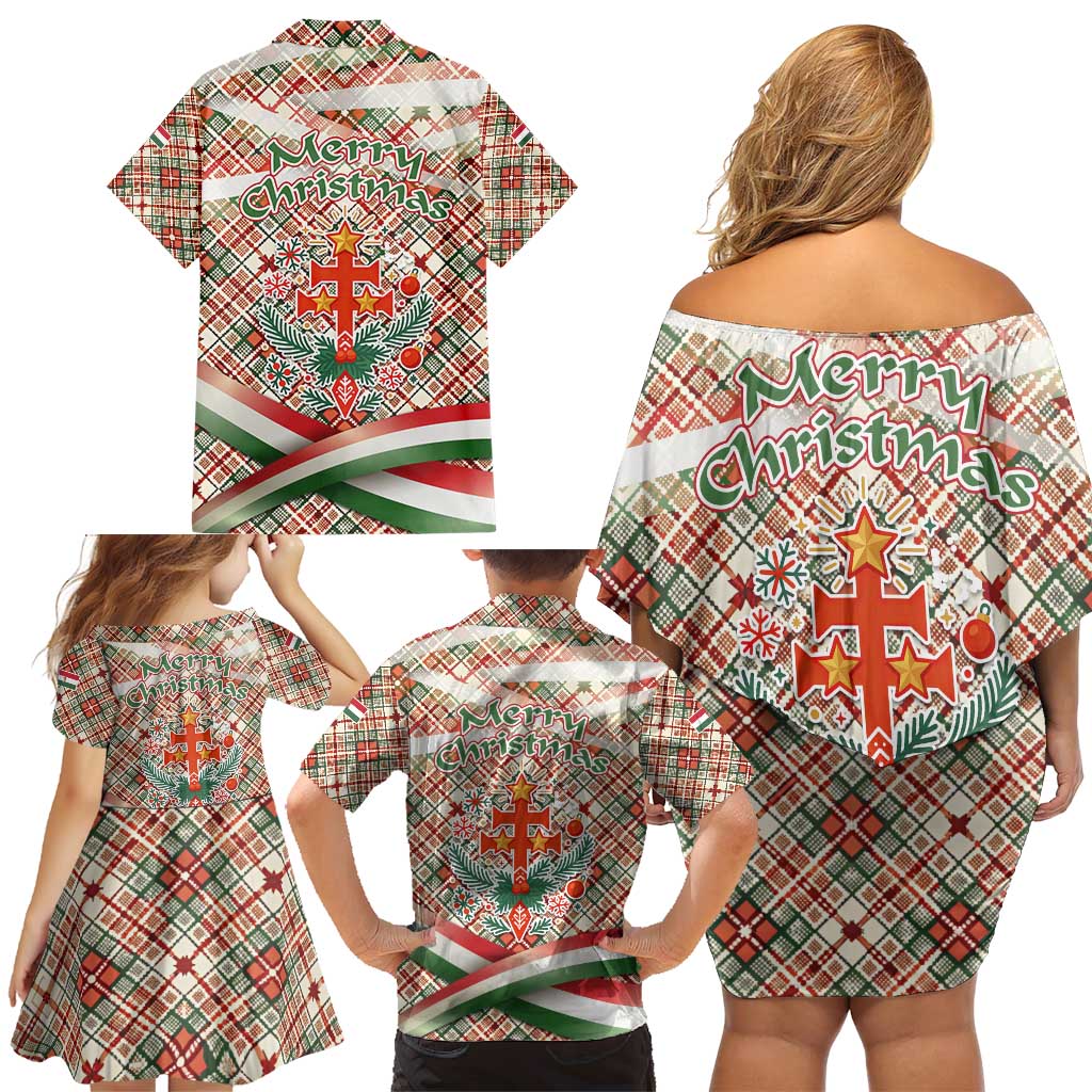 Hungary Christmas Family Matching Off Shoulder Short Dress and Hawaiian Shirt with Red Green Plaid Pattern Crown and Double Cross Motif - Wonder Print Shop