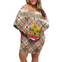 Hungary Christmas Family Matching Off Shoulder Short Dress and Hawaiian Shirt with Red Green Plaid Pattern Crown and Double Cross Motif - Wonder Print Shop
